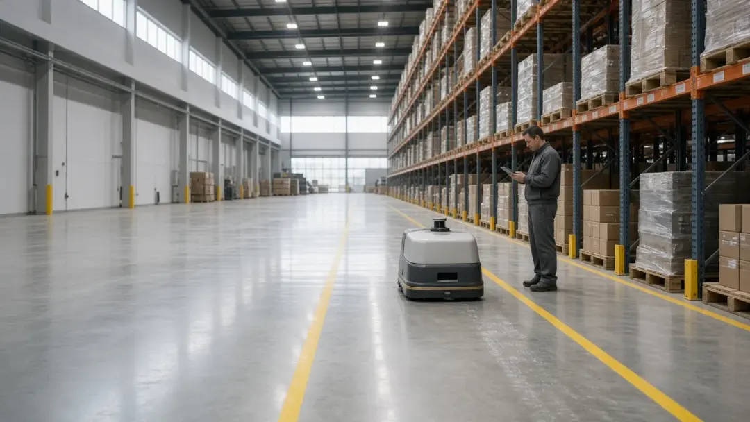 A Goldline technician reviews a tablet beside an autonomous floor scrubber cleaning a distribution-centre aisle.