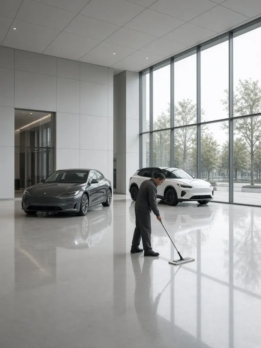 A dealership showroom with a reflective floor being detailed with a flat mop.