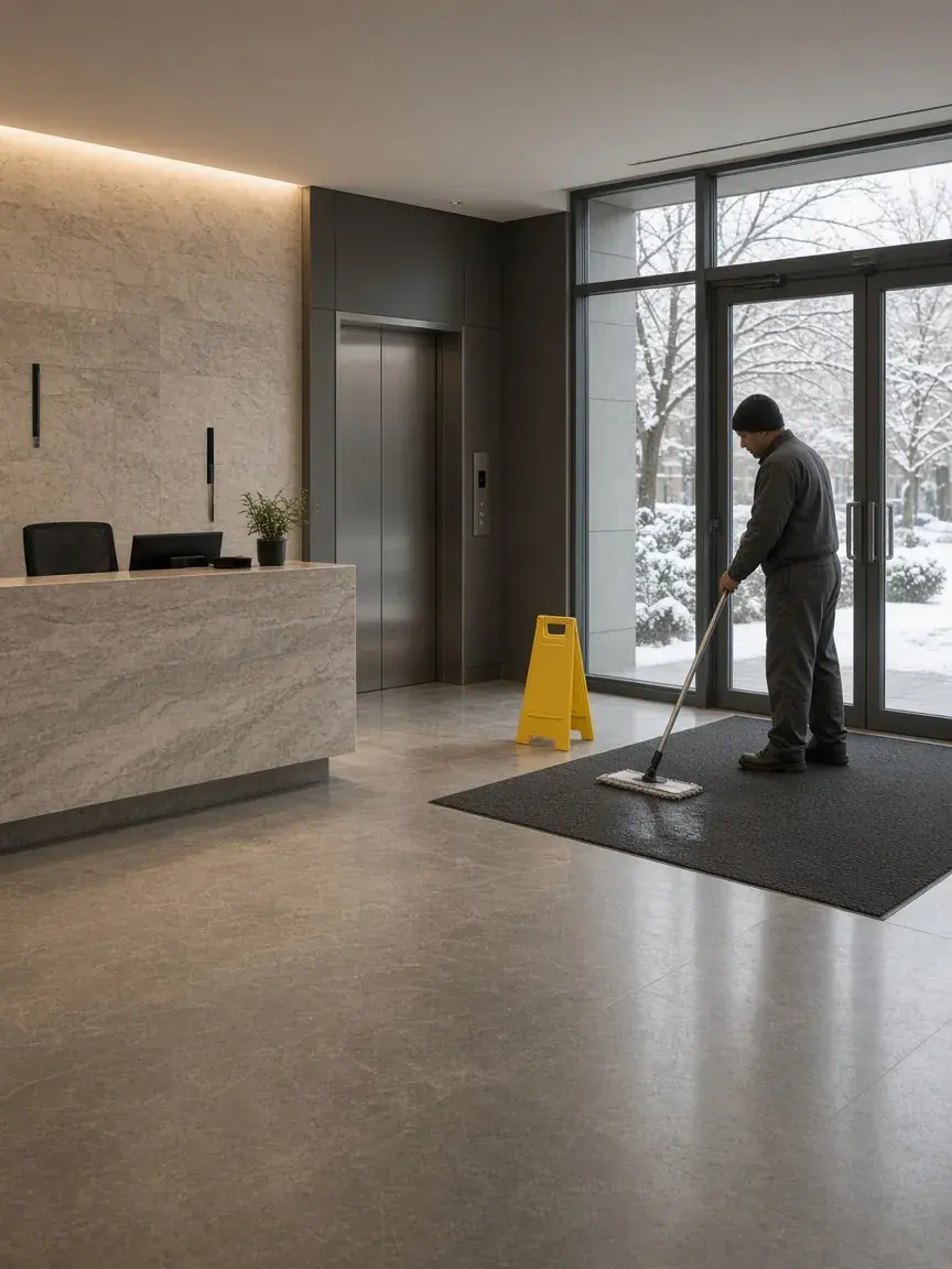 A condominium lobby in winter with entrance matting, a wet-floor sign and a technician mopping.