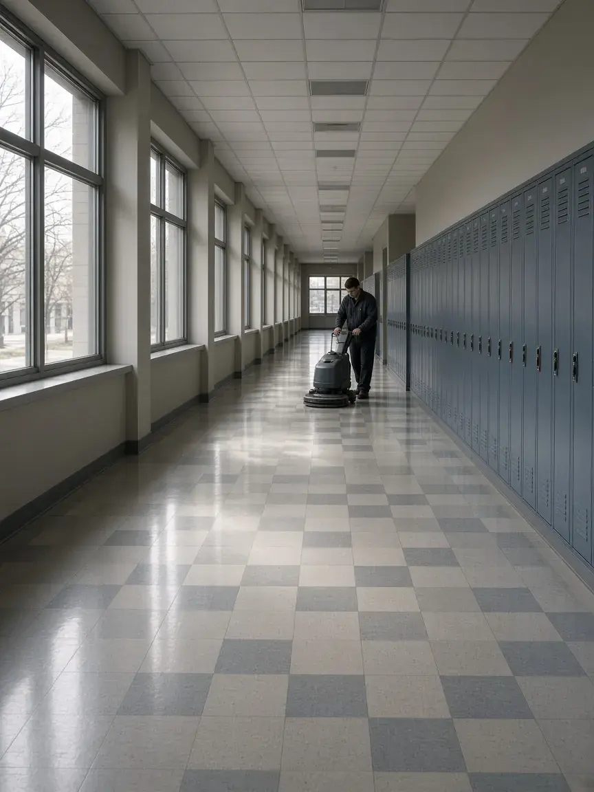 A school corridor with lockers and a technician operating an auto-scrubber.