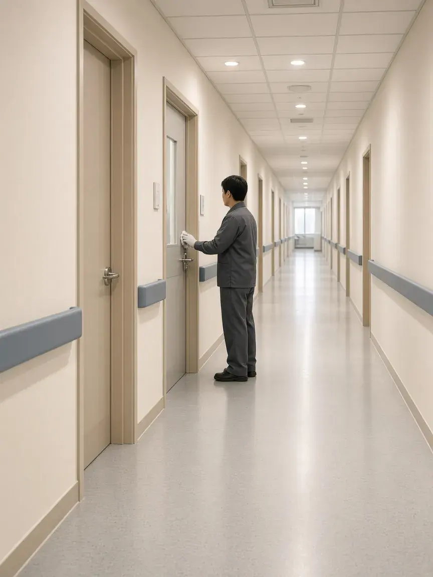 A technician disinfecting a door handle in a bright clinic corridor.