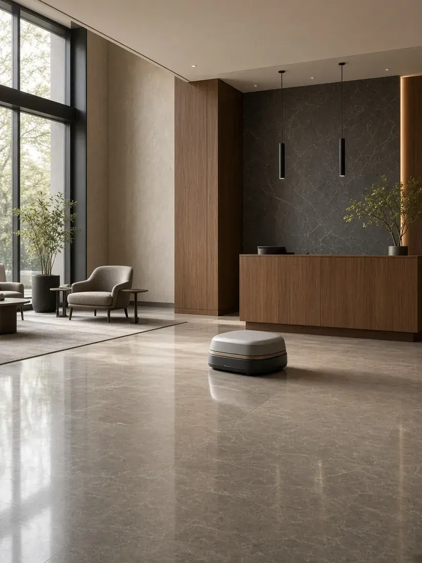 A hotel lobby with a stone floor and a cleaning robot working near reception.