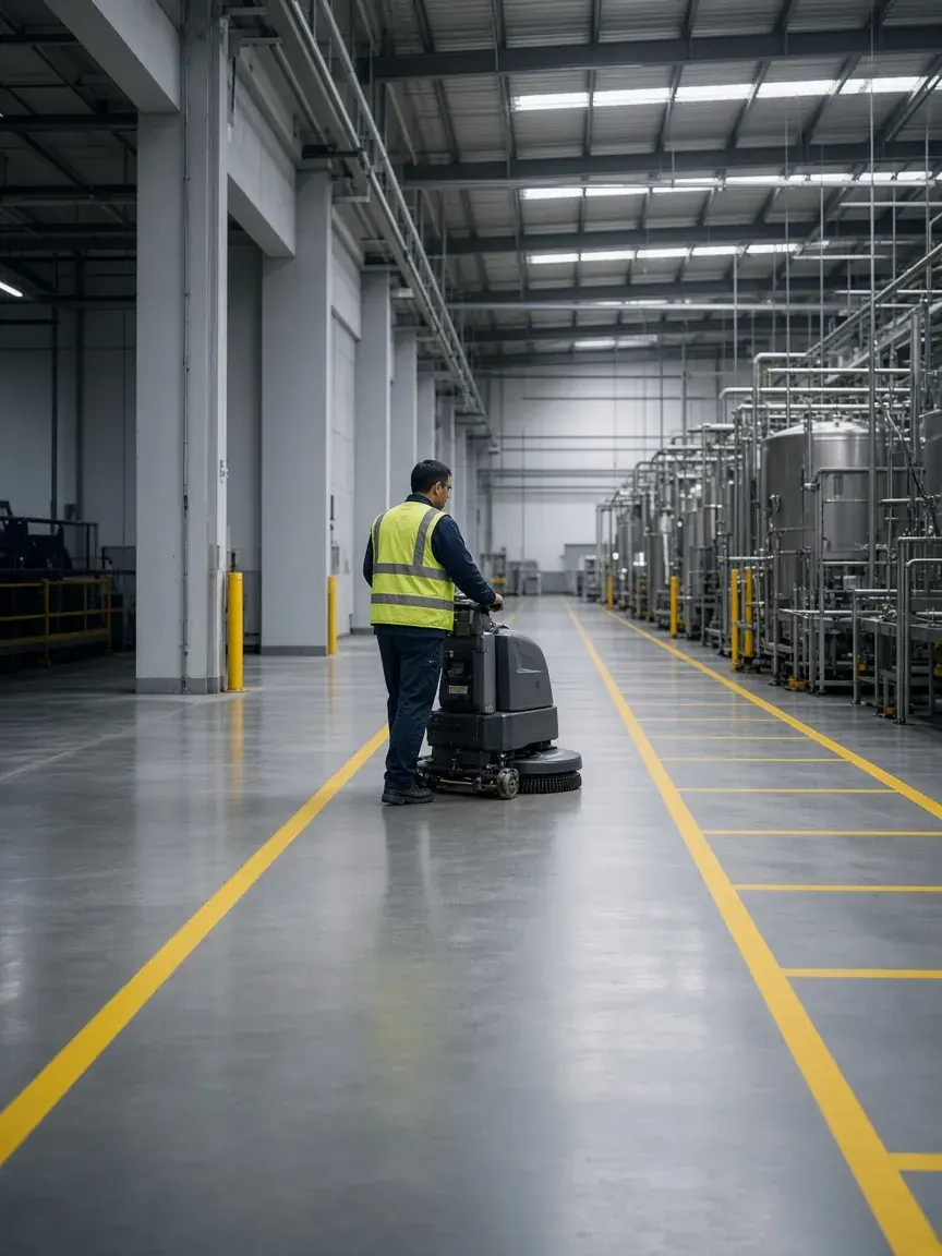 A manufacturing floor with yellow safety lines and a ride-on scrubber in operation.
