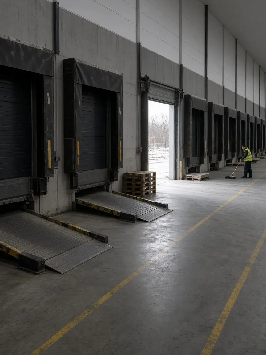 A row of loading-dock doors in a cross-dock facility with a worker sweeping.