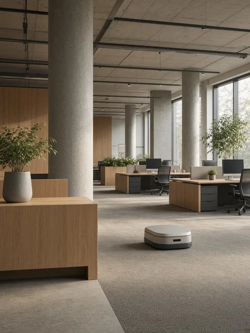 An open-plan office in early morning with an autonomous vacuum crossing the carpet.
