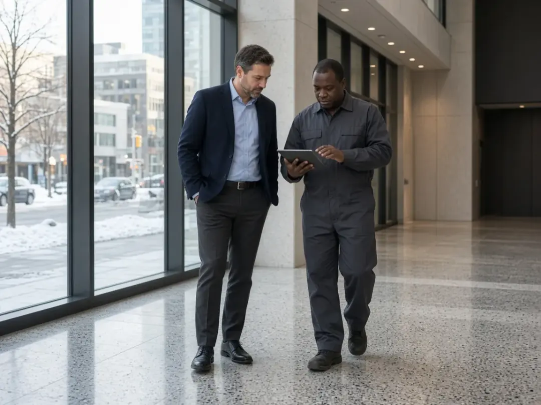 A facility manager and a Goldline operations lead review an inspection report on a tablet in an office lobby.