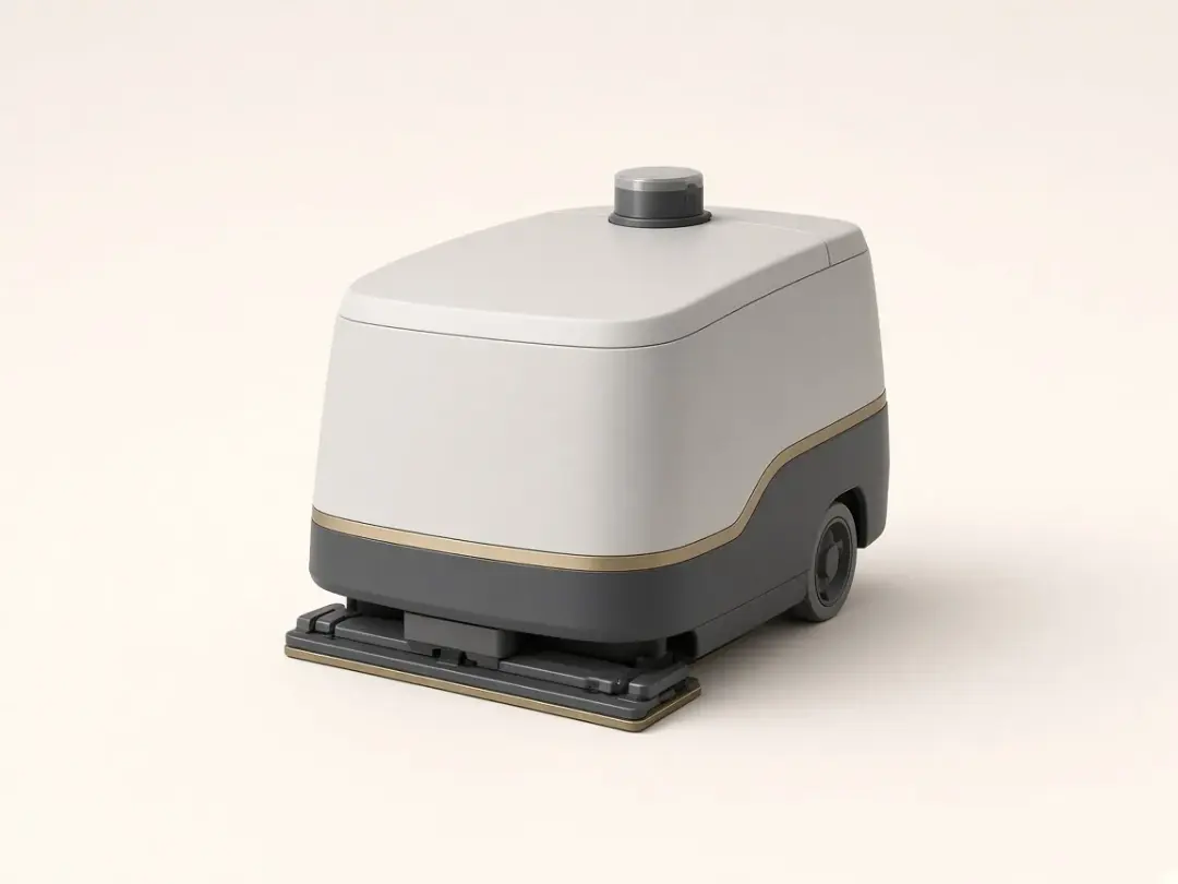 An autonomous commercial floor-scrubbing robot on a stone-coloured background.