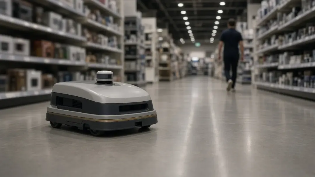 An autonomous floor scrubber cleaning a retail aisle after hours.