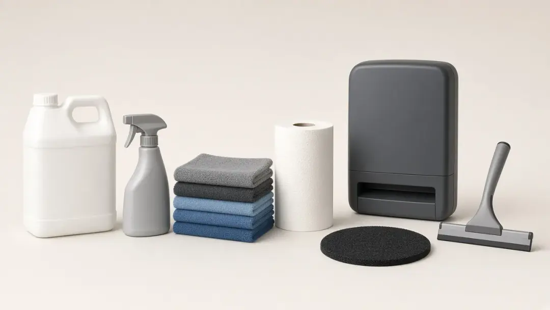 Professional cleaning supplies in a row: chemical jug, spray bottle, microfibre cloths, paper towel, dispenser, floor pad and squeegee.